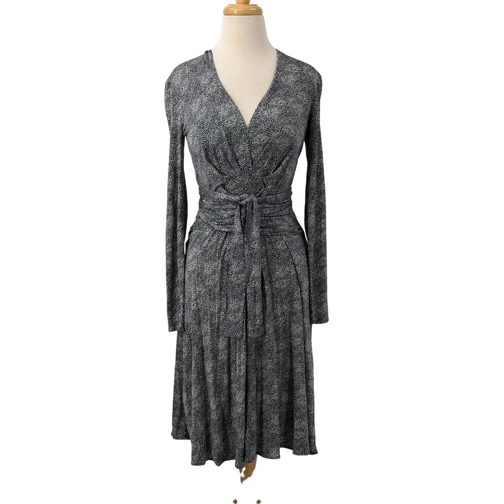 Tory Burch Vanessa Navy White Silk Jersey Wrap Dress Long Sleeve Midi‎ Size S